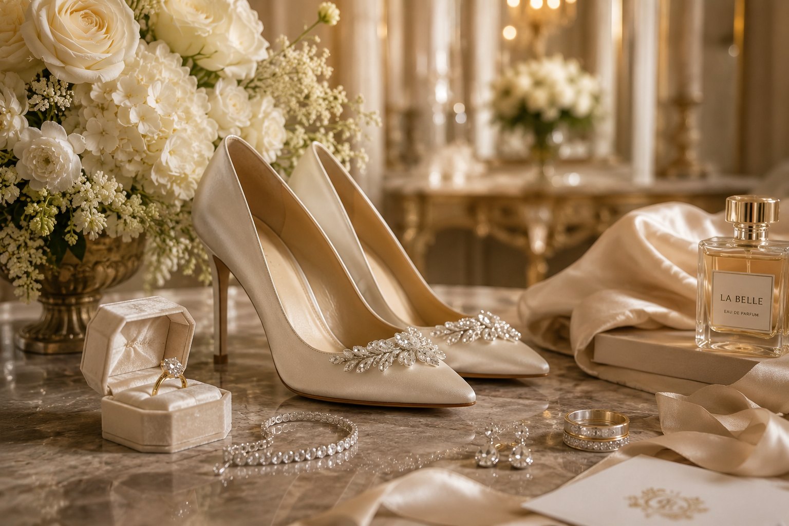 Bridal shoes, ring and adornment on marble